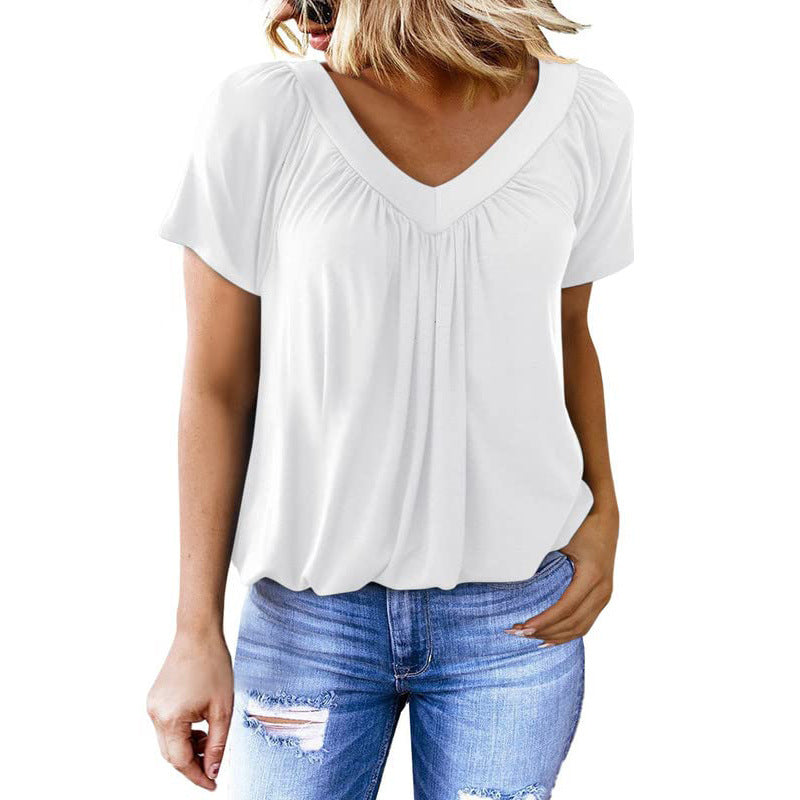 Women's Solid Color And V-neck Short-sleeved T-shirt