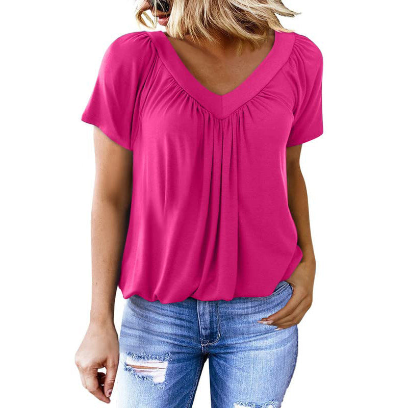 Women's Solid Color And V-neck Short-sleeved T-shirt