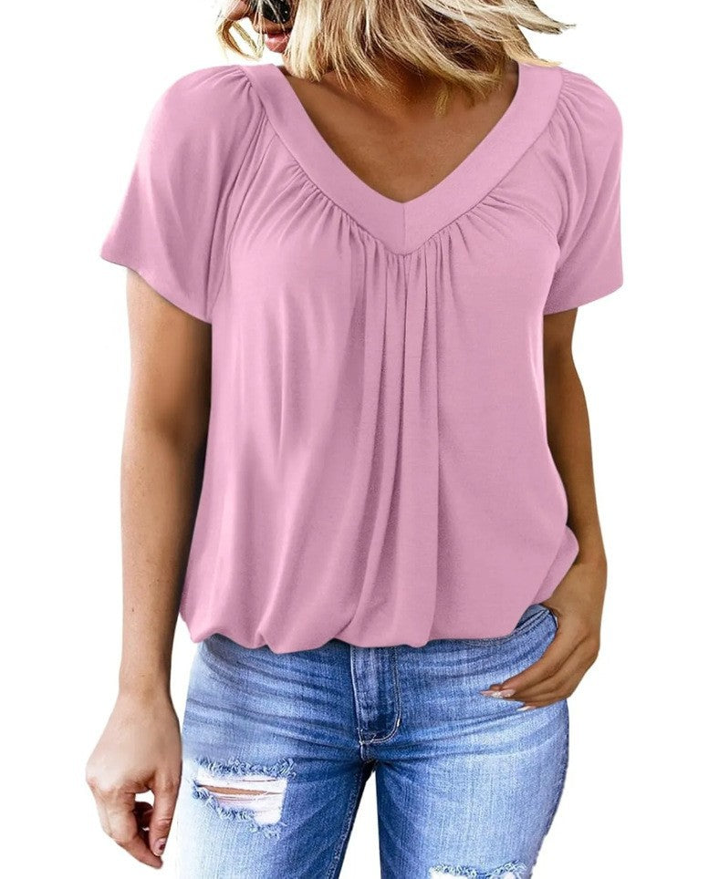 Women's Solid Color And V-neck Short-sleeved T-shirt