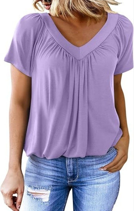 Women's Solid Color And V-neck Short-sleeved T-shirt