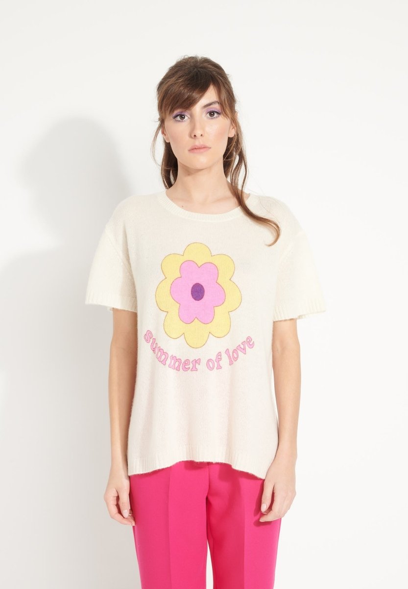T-shirt col rond cachemire blanc écru/imprimé fleurs multicouleur femme - AVA 9-0