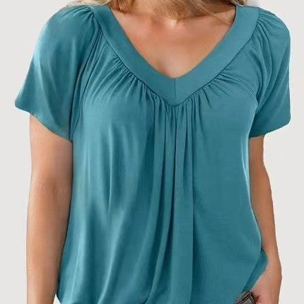Women's Solid Color And V-neck Short-sleeved T-shirt